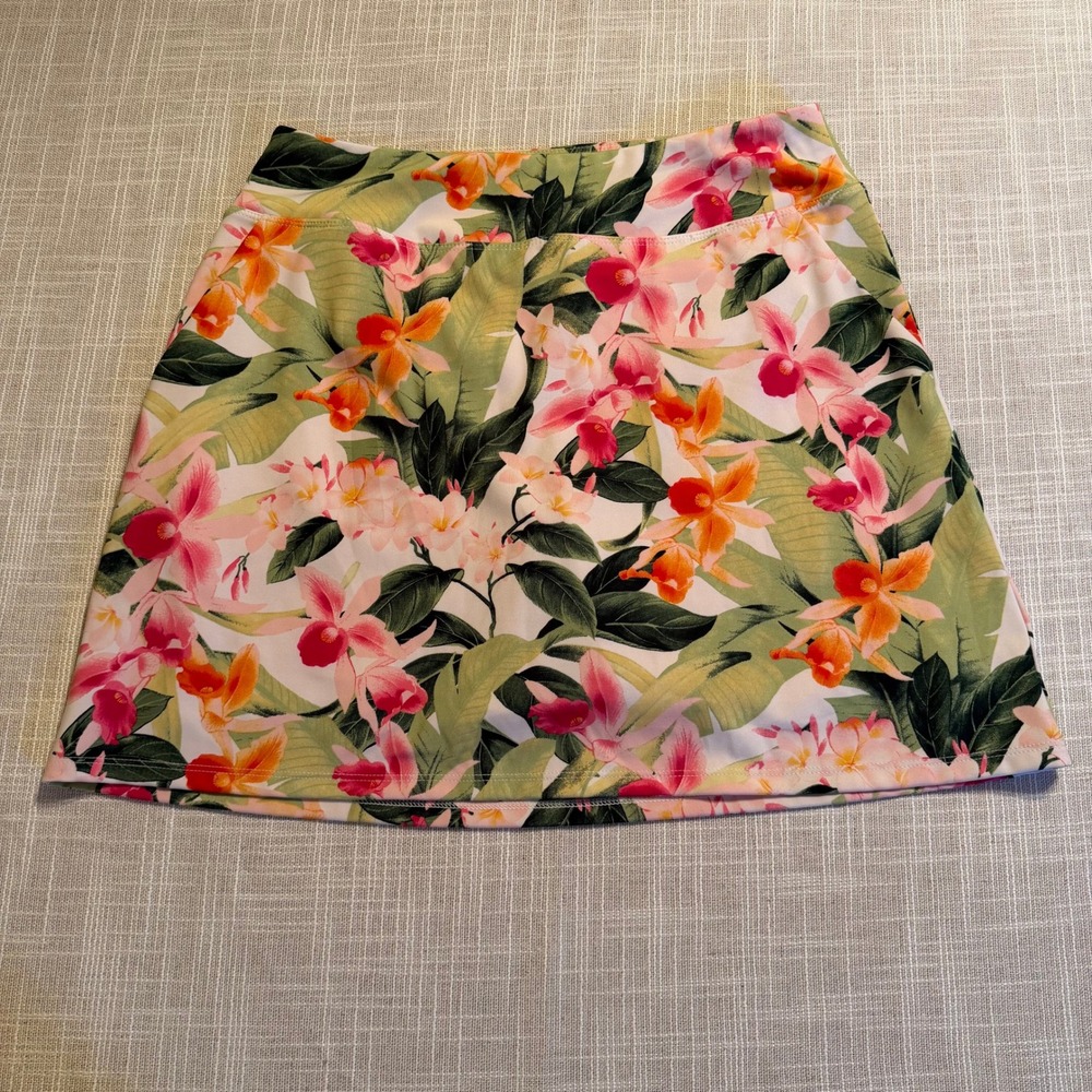Tommy Bahama Active Tropical Floral Orchid Print Skort Small Green Pink Zippered